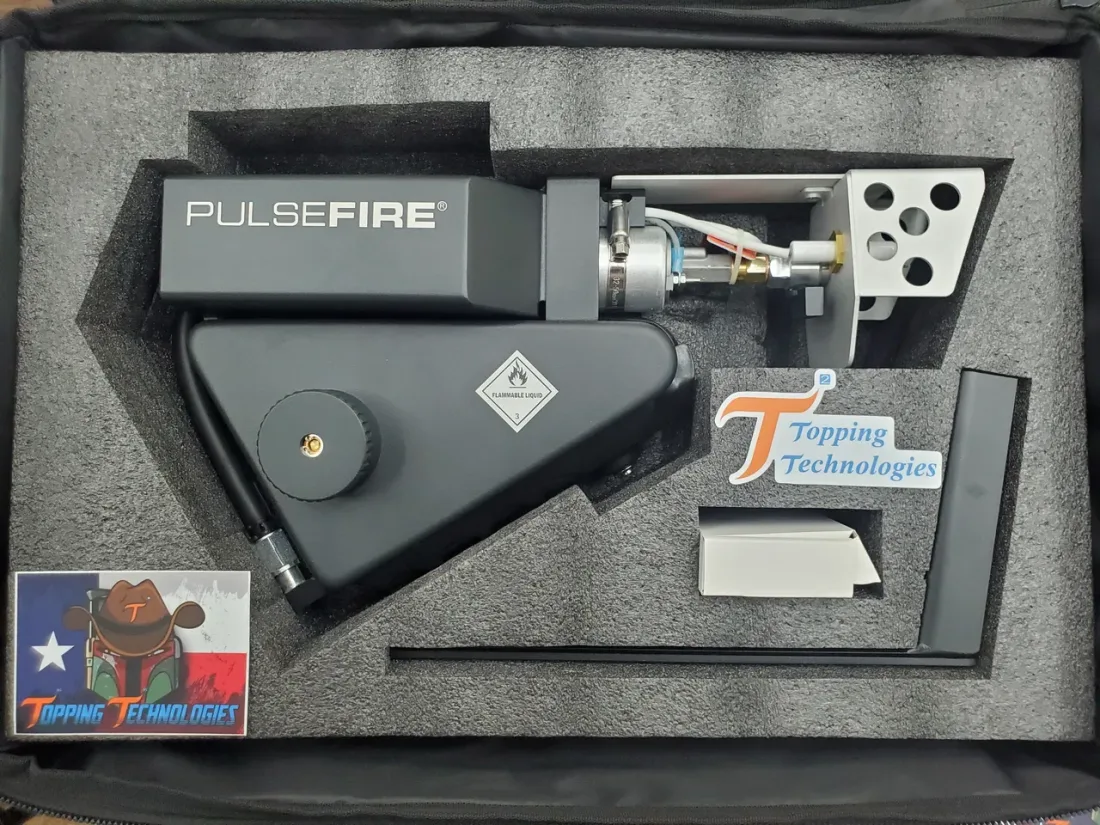 PulseFire flamethrower kit packed in a Topping Technologies case