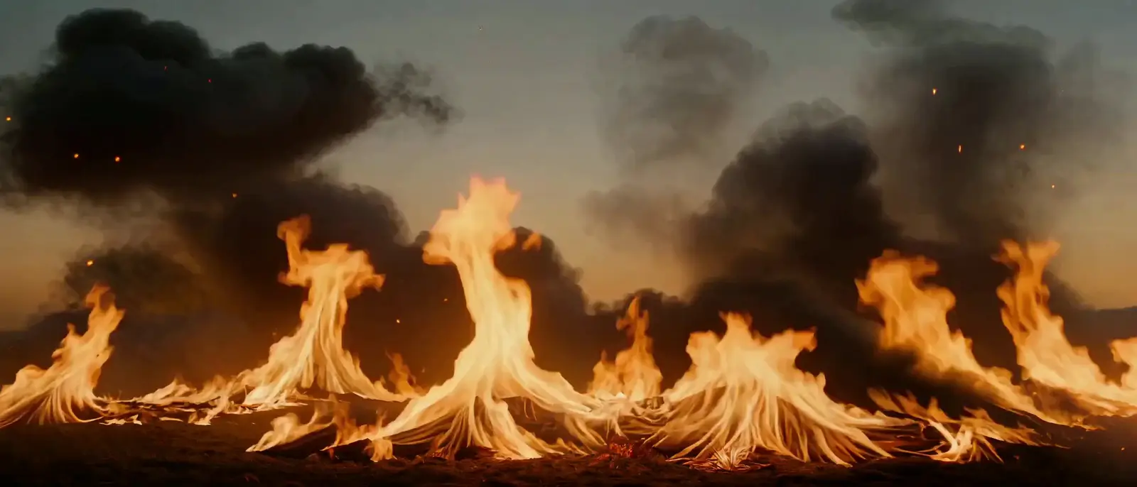 Cinematic burning hero background with flickering flames, embers, and smoke