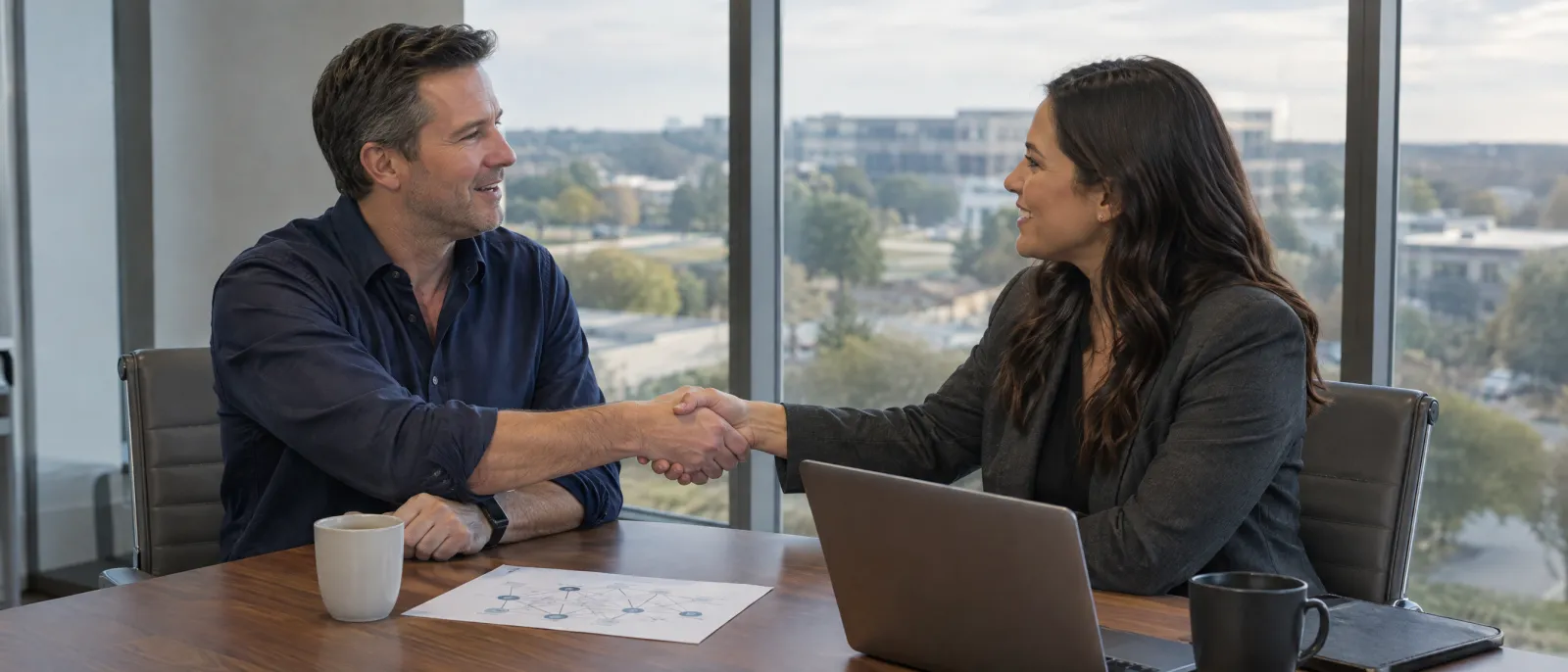 Two business professionals shaking hands across a conference table in a bright North Texas office