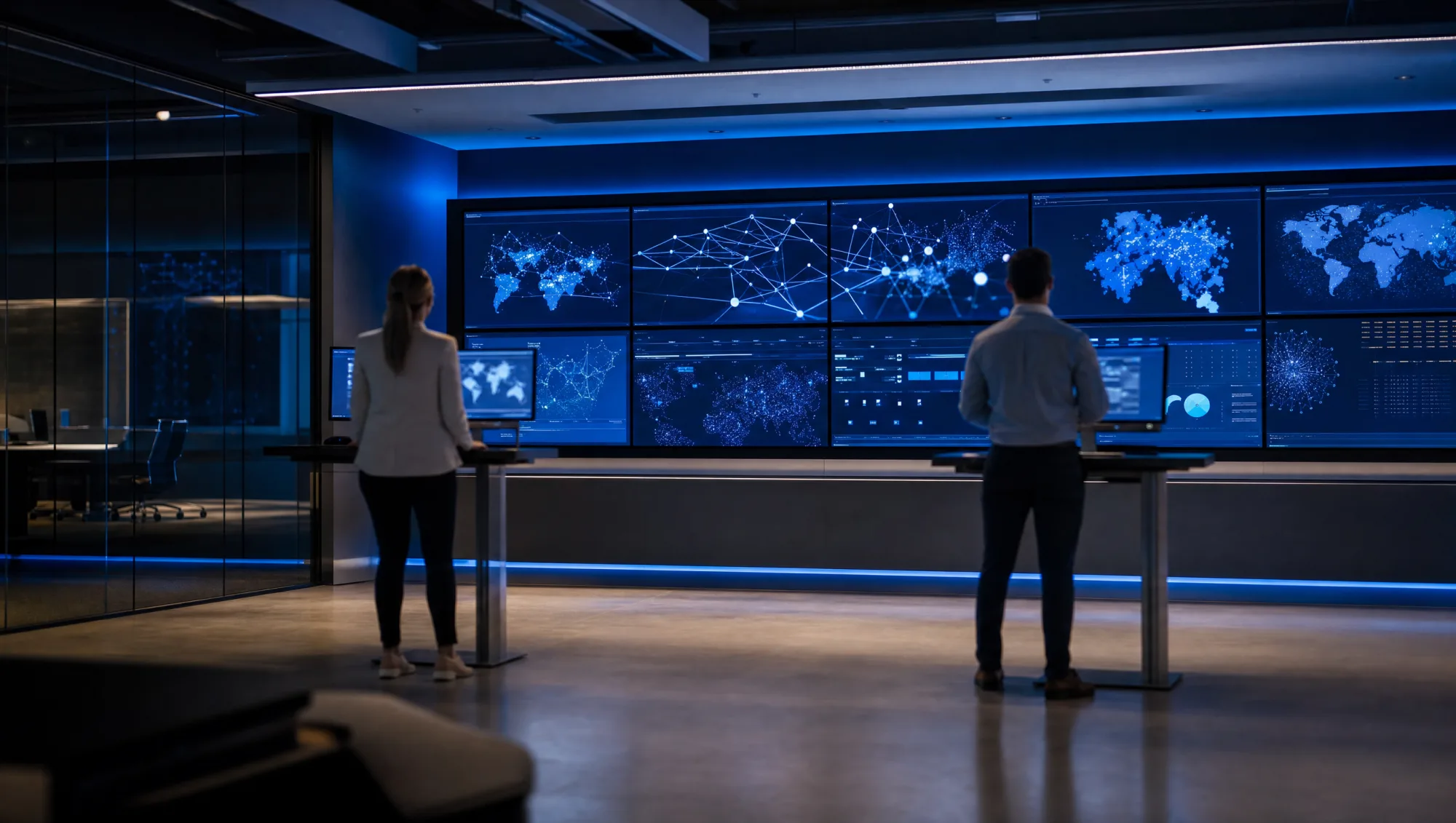 Topping Technologies operations engineers monitoring network and security dashboards in the Plano NOC