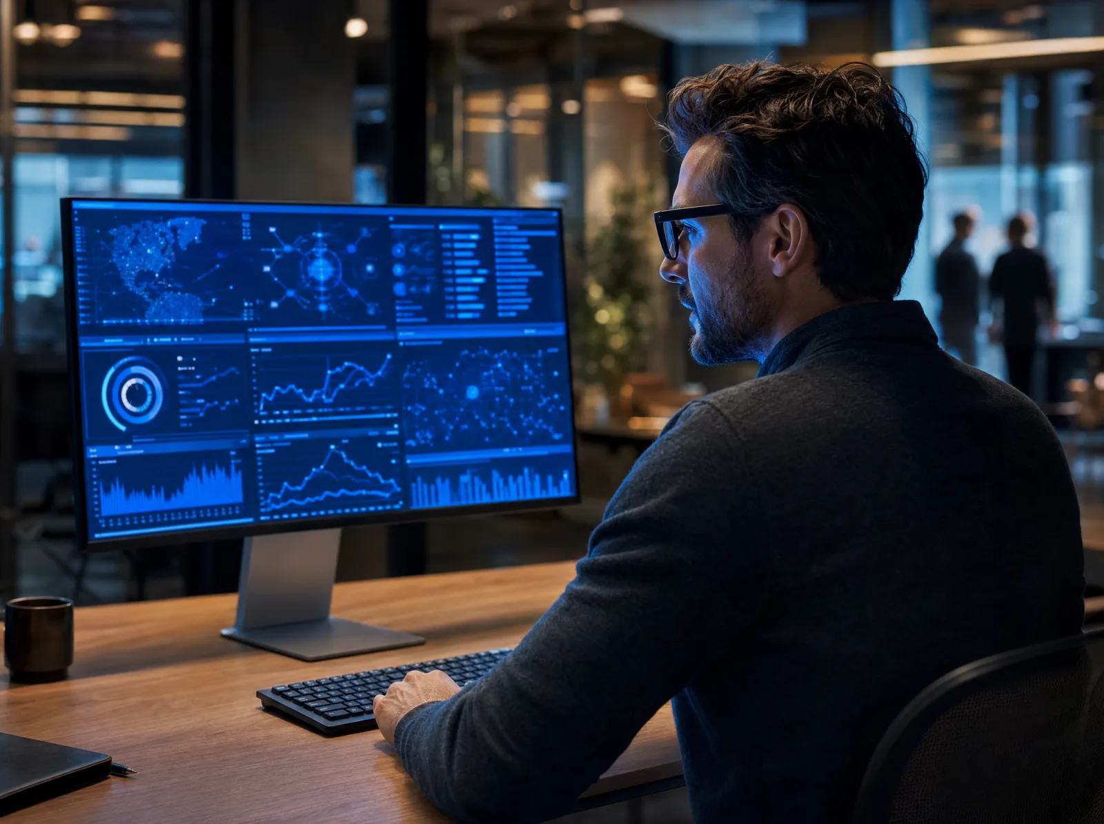 A Topping Technologies security engineer reviewing real-time threat dashboards from a modern Plano workstation